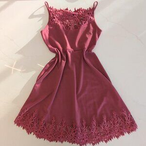 Free People Sz M Forget Me Not Crochet Trim Fit & Flare Mini Pink Stretch Dress